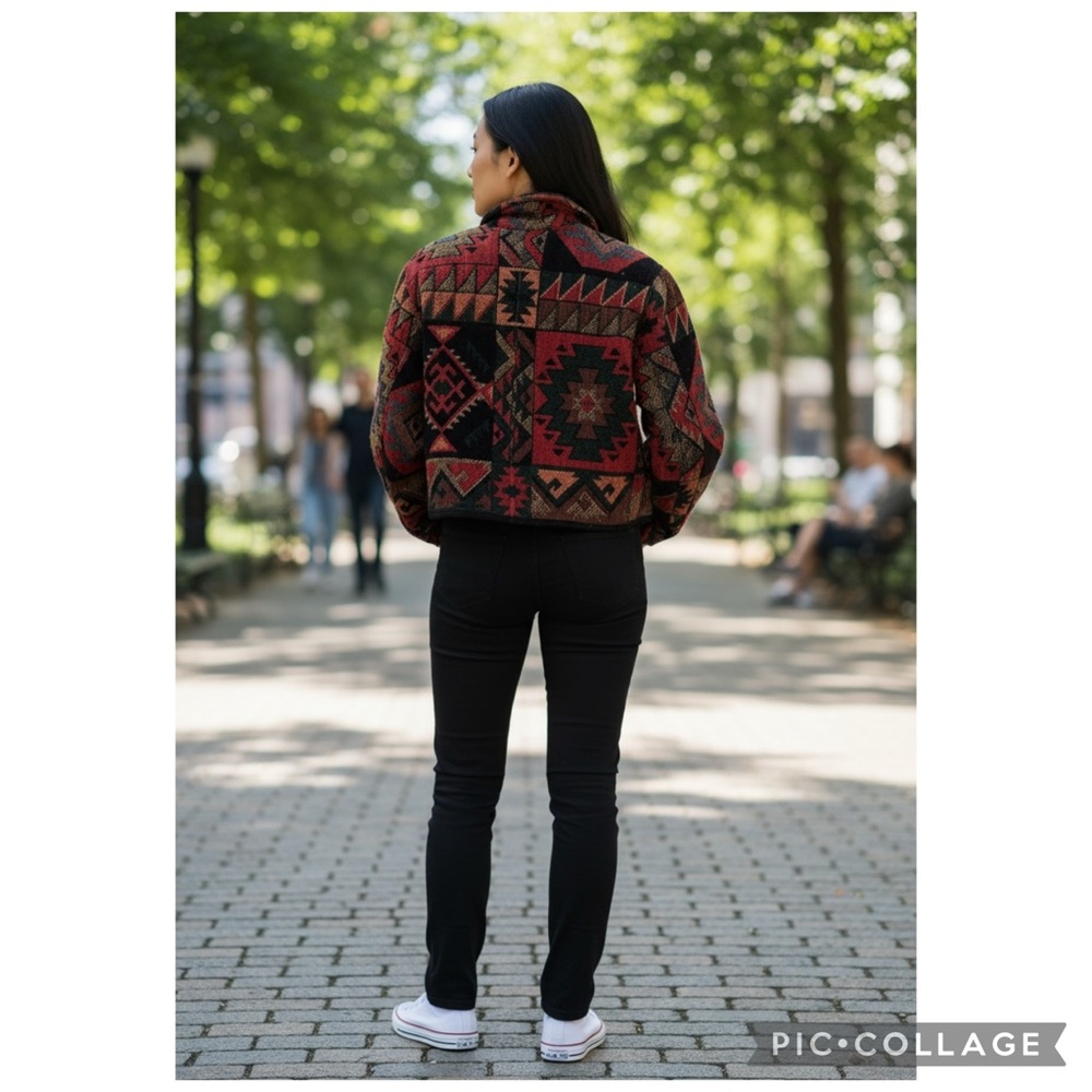 Flashback Raspberry Multi Aztec Southwestern Cropped Tapestry Jacket Vintage S - Picture 6 of 14